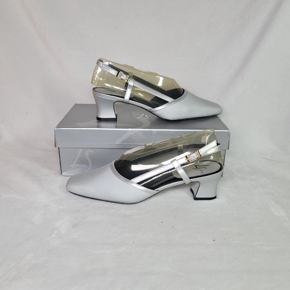 Life Stride Metallic Silver‎ Formal Heels Comfy Slingback Square Toe Size 8.5 N